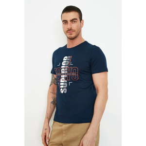 Trendyol Navy Blue Men Slim Fit Slogan Printed Short Sleeve T-Shirt