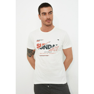 Trendyol White Male Slim Fit Slogan Printed Short Sleeve T-Shirt