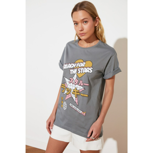 Trendyol Grey Printed Boyfriend Knitted T-Shirt