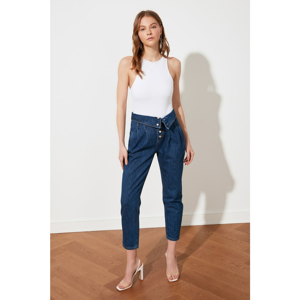 Trendyol High Waist Mom Jeans WITH Front Button with Navy Waist DetailING