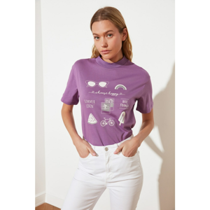 Trendyol Purple Printed Upright Collar Basic Knitted T-Shirt