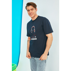 Trendyol Navy Blue Men's Oversize Bike Collar Short Sleeve Printed T-Shirt