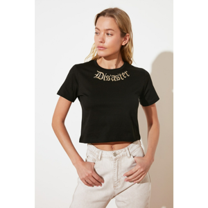 Trendyol Black Embroidered Crop Knitted T-Shirt