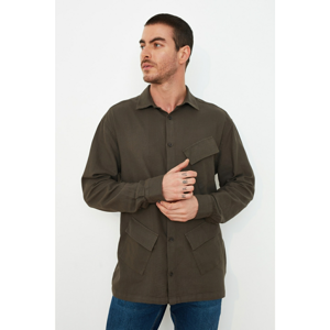 Trendyol Dark Khaki Men Oversize Shirt Collar Textured Shirt with AsymmetricAl Pocket