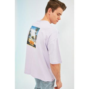 Trendyol Lilac Men's Oversize/Wide Cut Crew Neck Short Sleeved T-Shirt with Photo Print. 100% Cotton.