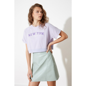 Trendyol Lila Ribana Detailed Printed Crop Knitted T-Shirt