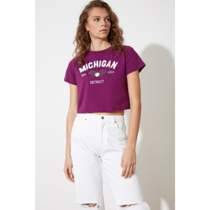 Trendyol Purple Printed Crop Knitted T-Shirt