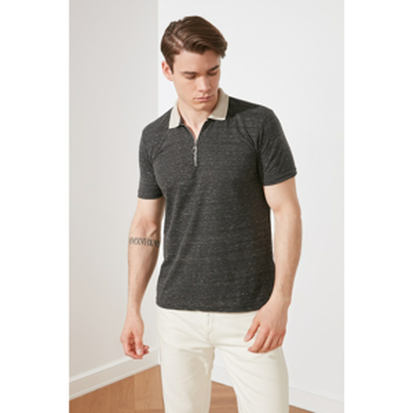 Trendyol Anthracite Men's Regular Fit Short Sleeve Zip Polo Neck T-shirt