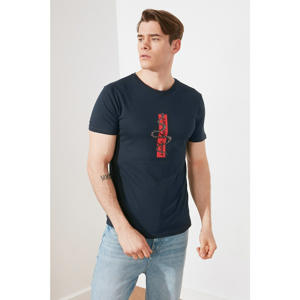 Trendyol Navy Blue Men Slim Fit Printed Short Sleeve T-Shirt
