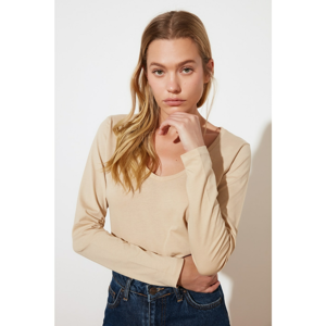 Trendyol Beige Long Sleeve V Collar Basic Knitted T-Shirt