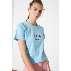 Trendyol Blue Embroidered Basic Knitted T-Shirt