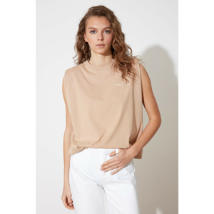 Trendyol Camel Embroidered Vatka Basic Knitted T-Shirt