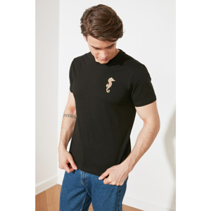 Trendyol Black Male Regular Fit Short Sleeve Seahorse Embroidered T-Shirt