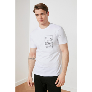 Trendyol White Men's Bike Collar Short Sleeve Printed T-Shirt