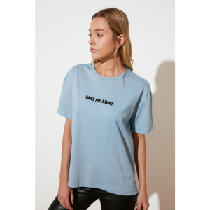 Trendyol Blue Printed Asymmetric Boyfriend Knitted T-Shirt