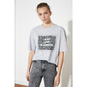 Trendyol Grey Sim Printed Loose Knitted T-Shirt