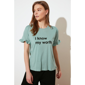 Trendyol Mint Sleeves Frilly Semi-Fitted Knitted T-Shirt