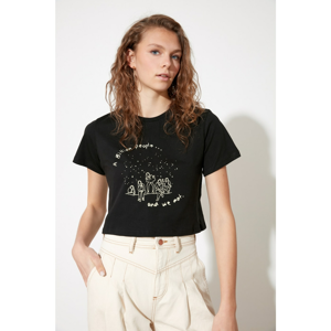 Trendyol Black Crop Printed Knitted T-Shirt