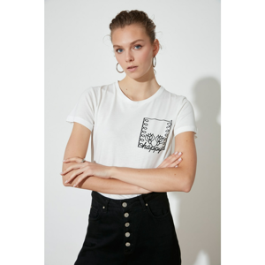 Trendyol Ecru Printed Basic Knitted T-Shirt