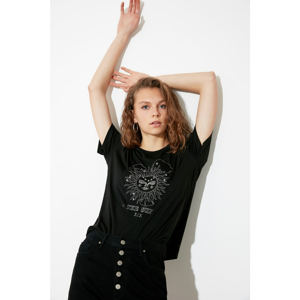 Trendyol Black Lurex Embroidered Semi-Fitted Knitted T-Shirt