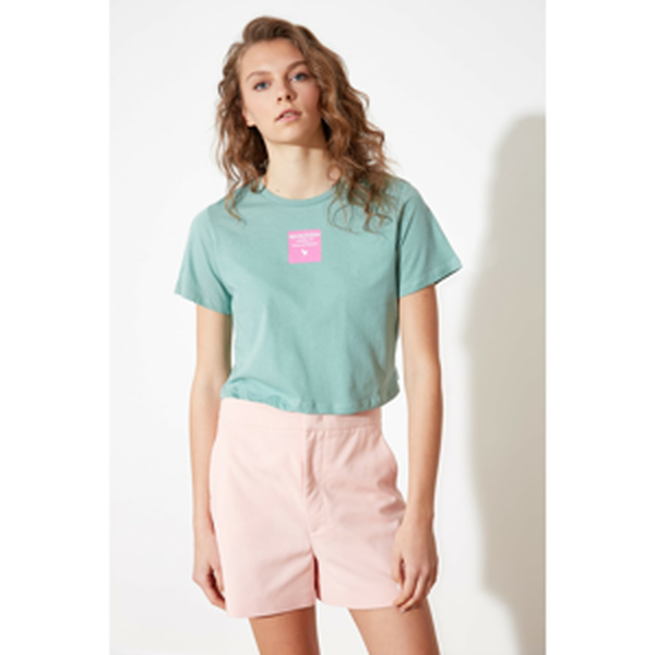 Trendyol Mint Crop Printed Knitted T-Shirt