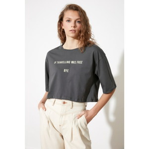Trendyol Anthracite Bike Collar Loose Crop Printed Knitted T-Shirt