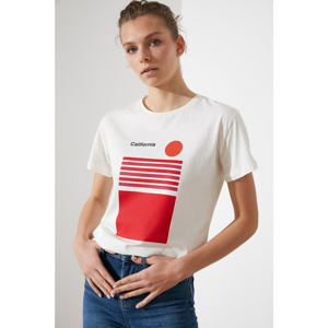 Trendyol Ecru Printed Semifitted Knitted T-Shirt