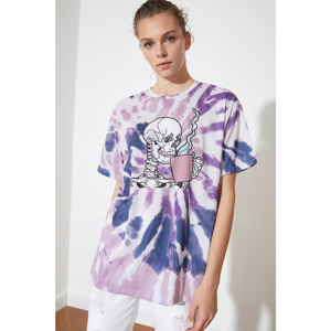 Trendyol Lilac Printed And Batik Boyfriend Knitted T-Shirt