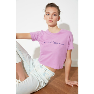 Trendyol Lilac Crop Printed Knitted T-Shirt