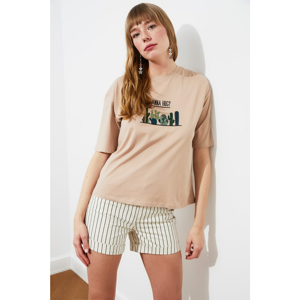 Trendyol Camel Naskşlı Loose Knitted T-Shirt