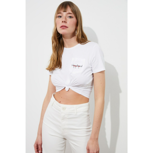 Trendyol White Printed and Pocketed Crop Knitted T-Shirt