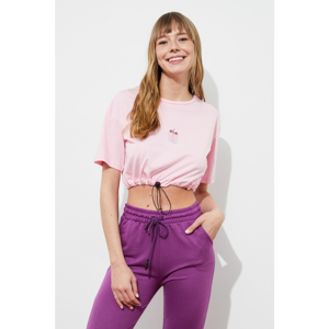 Trendyol Pink Printed Ruffled Crop Knitted T-Shirt