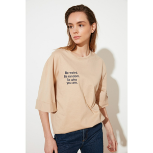 Trendyol Beige Boyfriend Front and Back Printed Knitted T-Shirt