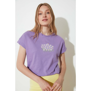 Trendyol Purple Embroidered Low Shoulder Basic Knitted T-Shirt