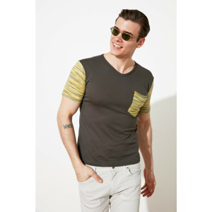 Trendyol Dark Khaki Men's Slim Fit V Neck Short Sleeve with Pocket Color Block T-Shirt