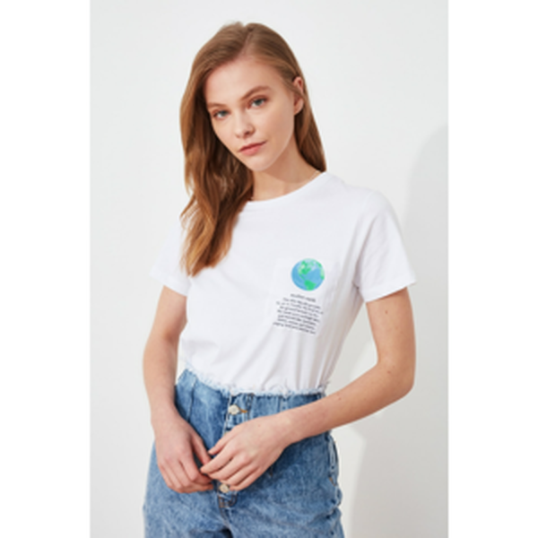 Trendyol White Woven Piece Printed Basic Knitted T-Shirt