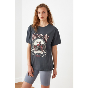 Trendyol Anthracite Printed Boyfriend Knitted T-Shirt