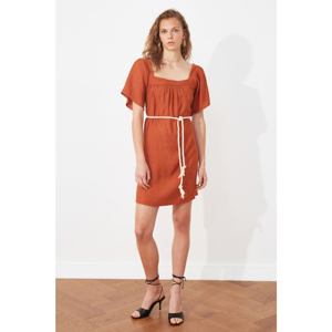 Trendyol Brown Belt Square Neck Dress