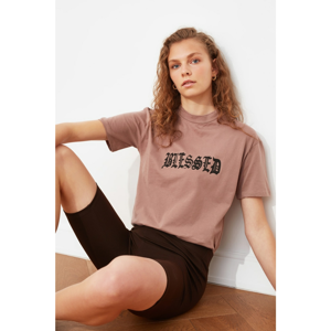 Trendyol Mink Printed Turtleneck Basic Knitted T-Shirt
