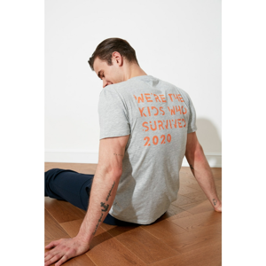 Trendyol Gray Men's Regular Fit Slogan Printed Short Sleeve T-Shirt