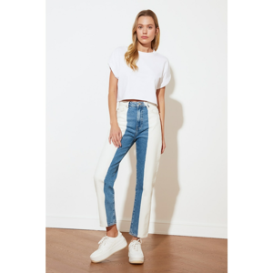 Trendyol White Blue Color Blocked High Waist Straight Jeans