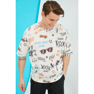 Trendyol Ecru Men's Oversized Crew Neck Short Sleeve Printed T-Shirt