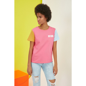 Trendyol Pink Color Block Embroidered Basic Knitted T-Shirt
