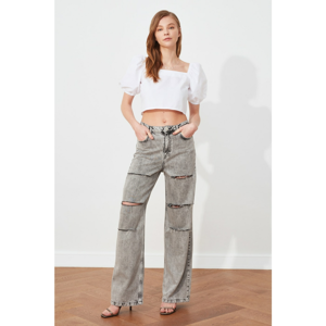 Trendyol Gray Ripped Detailed High Waist Wide Leg Jeans