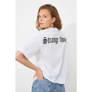 Trendyol White Front and Back Printed Loose Knitted T-Shirt