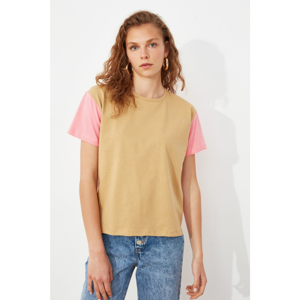 Trendyol Camel Color Block Semifitted Knitted T-Shirt