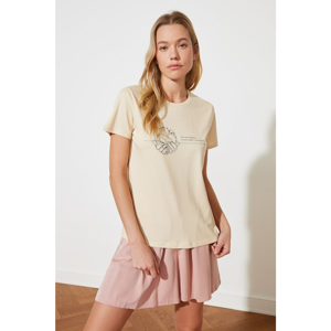 Trendyol Beige Basic Printed 100% Organic Cotton Knitted T-Shirt