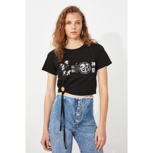 Trendyol Black Crop Printed Knitted T-Shirt