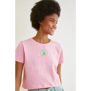 Trendyol Pink Printed Crop Knitted T-Shirt