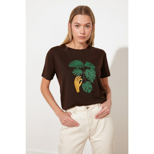 Trendyol Brown Printed Semifitted Knitted T-Shirt